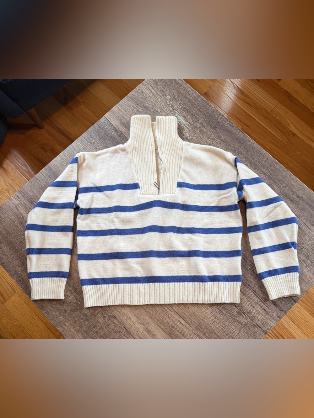 Cream and blue striped quarter neck zip sweater. Like new condition!  Large.